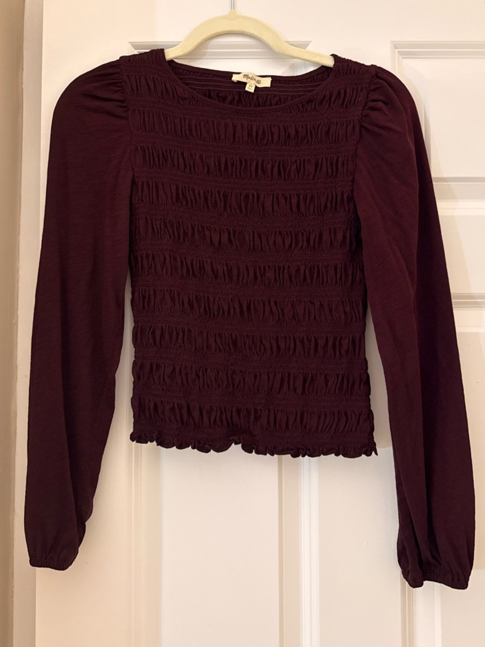 Madewell Maroon Smocked Boatneck Top - Size XS, Brand New!